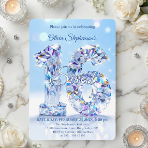 Blå Diamant Glitter Glamorös Sweet 16 Födelsedag Inbjudningar