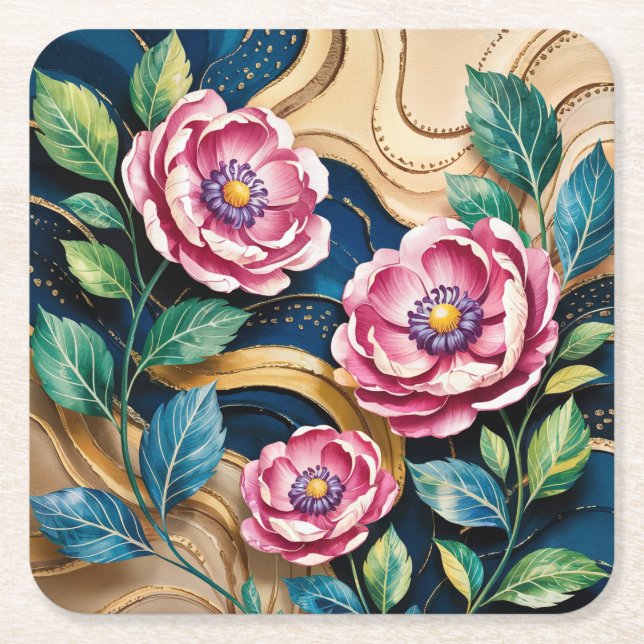 Blå Digital Art Rosa Peonies Underlägg set Papper Kvadrat (Framsidan)