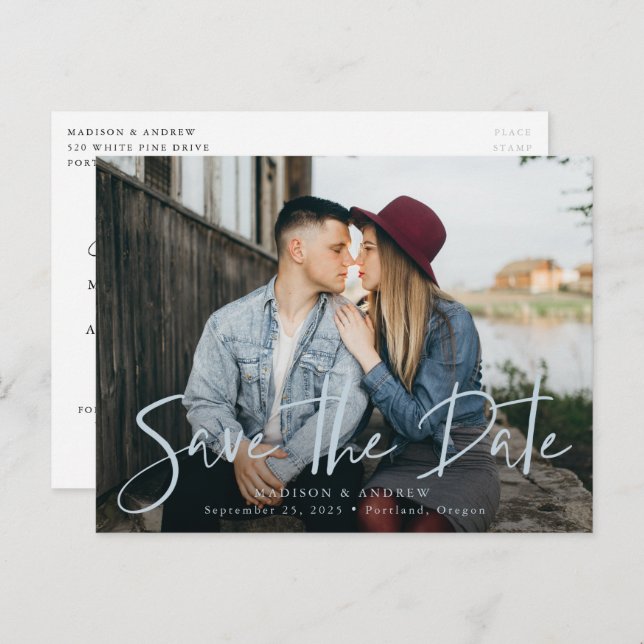 Blå dimma handskriven script foto spara datumet meddelande vykort (Fram/baksida)