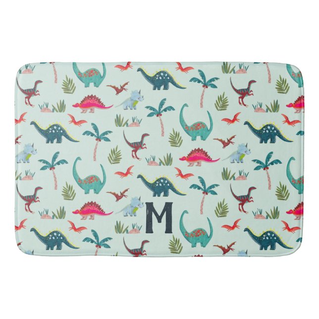Blå Dinosaur Monogram Barn Badrum Badmatta Badrumsmatta (Framsidan)
