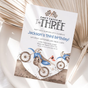 Blå Dirt Bike 3-årsdag - Kan inte fånga mig Inbjudningar