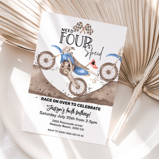 Blå Dirt Bike 4-årsdag Behöver FYRA Hastighet  Inbjudningar (Skapare uppladdad)