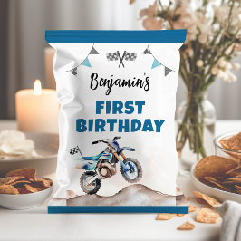 Blå Dirt Bike Pojke Födelsedags Chipspåse Omslag Reklamblad