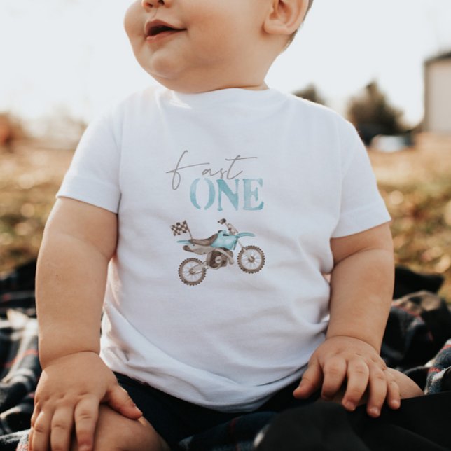 Blå Dirt Bike 'Snabba Ettan' Födelsedags T-shirt (Skapare uppladdad)