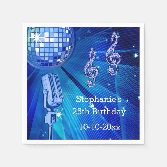 Blå Disco Boll och Retro Mikrofon 25-årsdag Pappersservett (Framsidan)