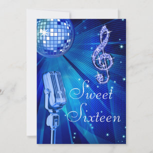 Blå Diskoboll och Retro Mikrofon Sweet 16 Inbjudningar