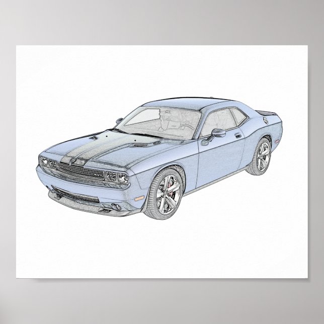 Blå dodge Challenger Mopar Muscle Car Poster (Framsidan)