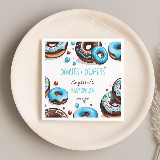 Blå doft och blöjor, blå babydusch pappersservett (Donuts and diapers blue chocolate brown baby shower monogram printed napkins personalized table deco)