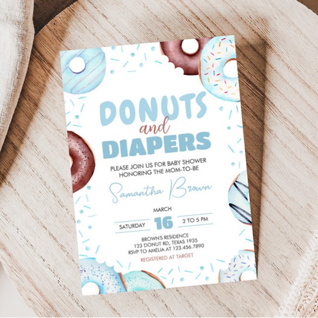 Blå donuts och blöjor, babyskor inbjudningar (Donuts and Diapers Baby Shower Invitation)