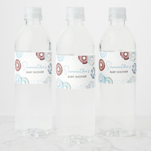 Blå donuts och blöjor, babyskor vattenflaskor etikett (Flaskor)