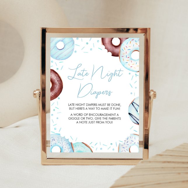 Blå donuts och blöjor sena nattblöjor poster (Donuts and Diapers Baby Shower Late Night Diapers Sign)