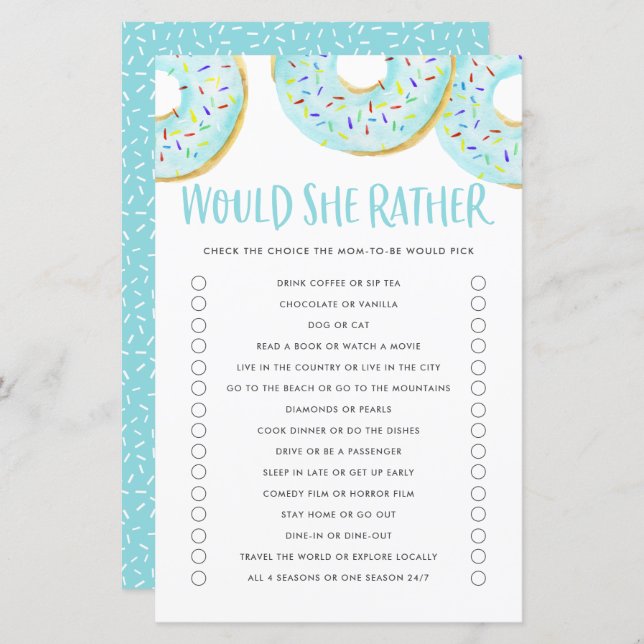 Blå donuts skulle hon hellre visa babykläder. (Fram/baksida)