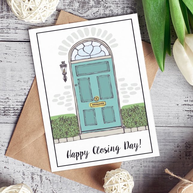 Blå dörr för stängningsdagen i lycklig kort (Skapare uppladdad)