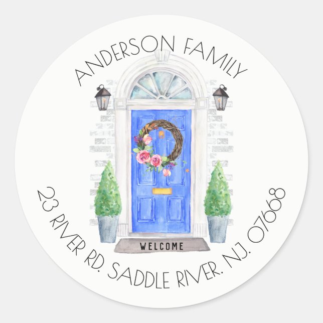 Blå dörr | Ny etikett för hemadress (Framsida)