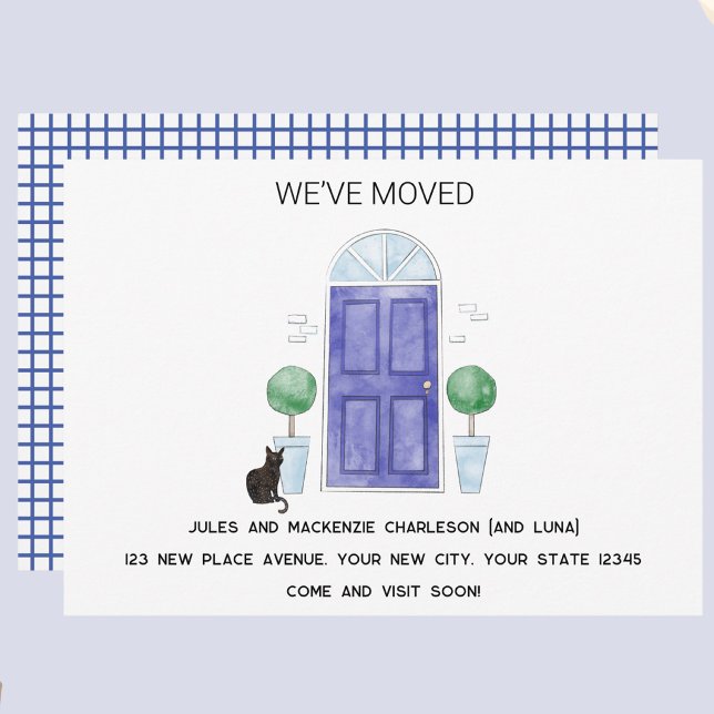 Blå dörr och katt har flyttat till nytt hem meddelande (Blue door cat watercolor custom text new home we I have moved change of address moving announcement)