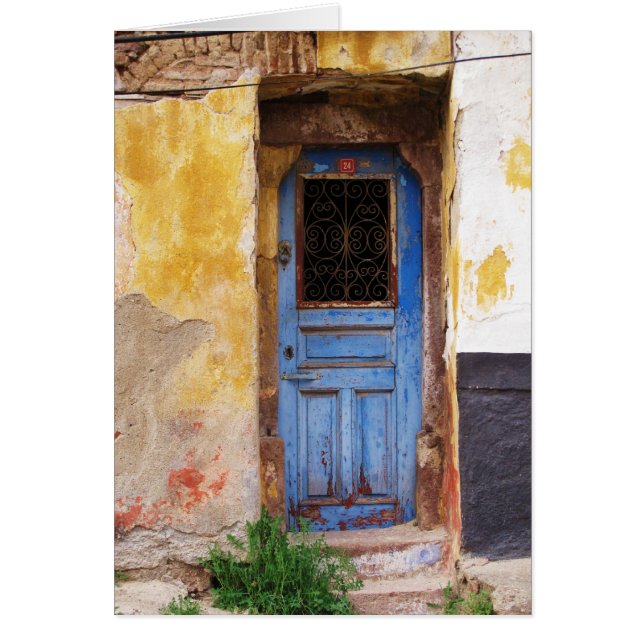 Blå dörr på den grekiska ön Mykonos Hälsningskort (Framsidan)