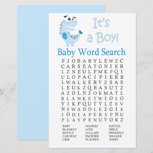 Blå dosinosaur Baby Shower Ord Search Game (Fram/baksida)