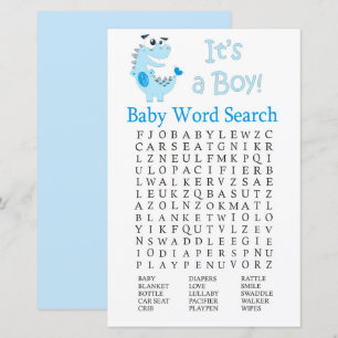 Blå dosinosaur Baby Shower Ord Search Game