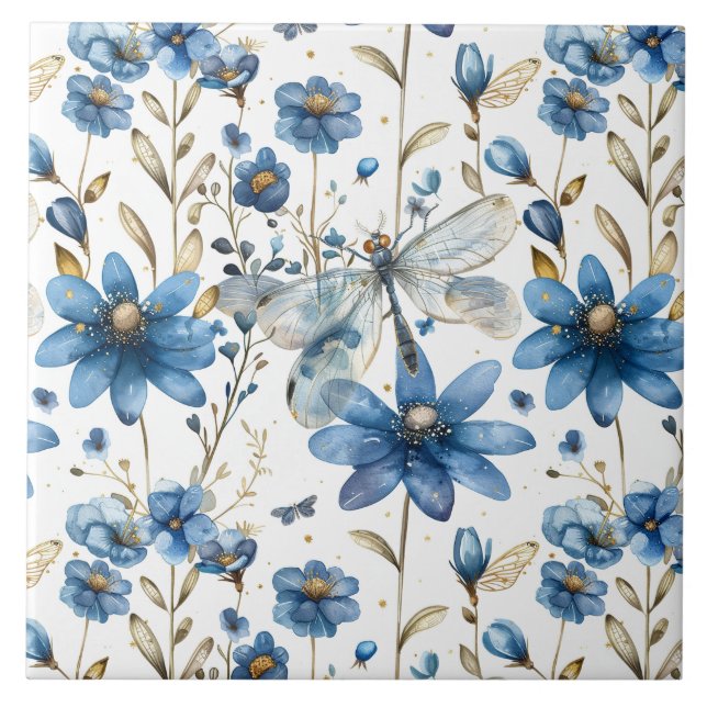 Blå Dragonfly och Blommor, Blommigt, keramiska pla Kakelplatta (Framsidan)