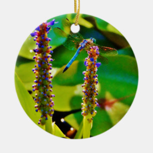 Blå Dragonfly och blommor Julgransprydnad Keramik