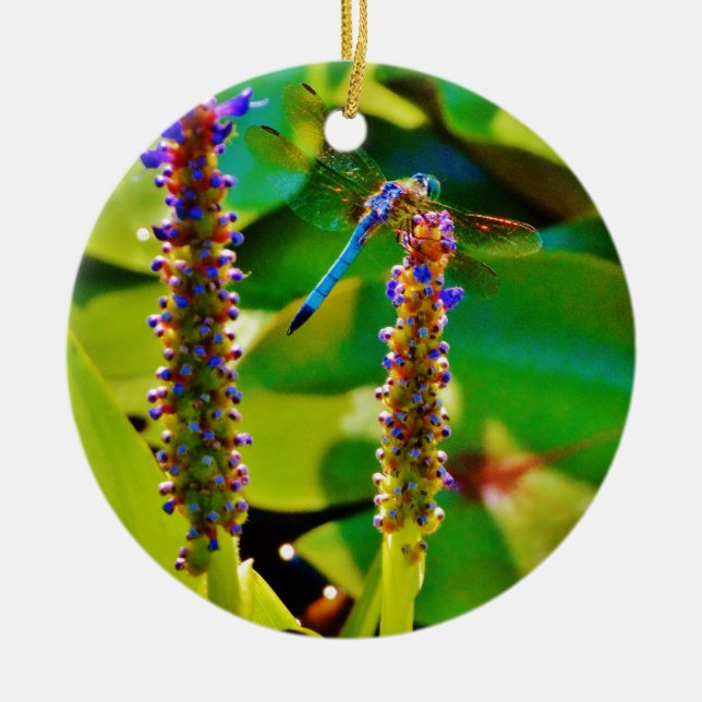 Blå Dragonfly och blommor Julgransprydnad Keramik (Framsidan)