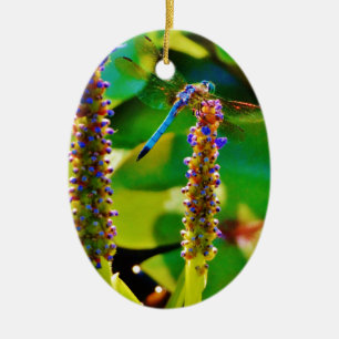 Blå Dragonfly och blommor Julgransprydnad Keramik