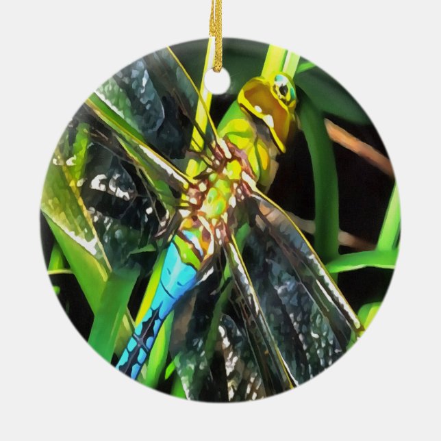 Blå Dragonfly Shimmering Vingar Painting Julgransprydnad Keramik (Baksidan)
