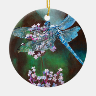 Blå Dragonfly som vilar på Vild vitlök Julgransprydnad Keramik