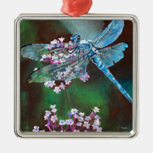 Blå Dragonfly som vilar på Vild vitlök Julgransprydnad Metall