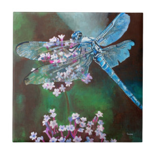 Blå Dragonfly som vilar på Vild vitlök Kakelplatta