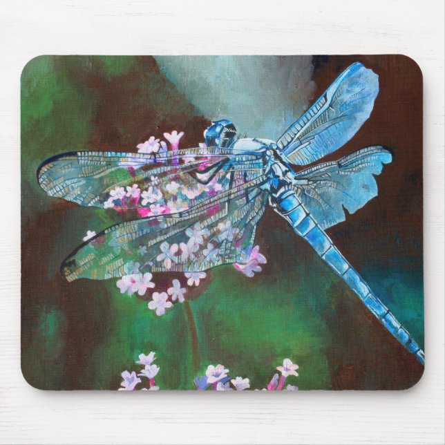 Blå Dragonfly som vilar på Vild vitlök Musmatta (Framsidan)