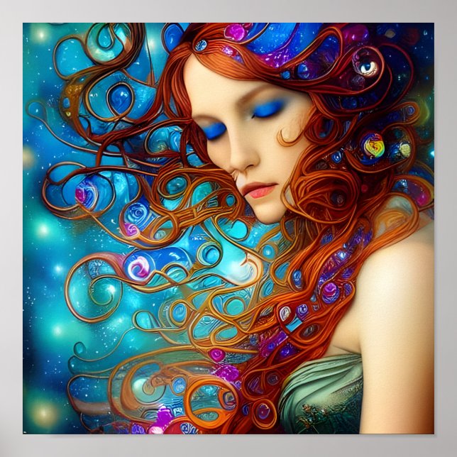 Blå Dreams Bevackra Woman Digital Art Poster (Framsidan)