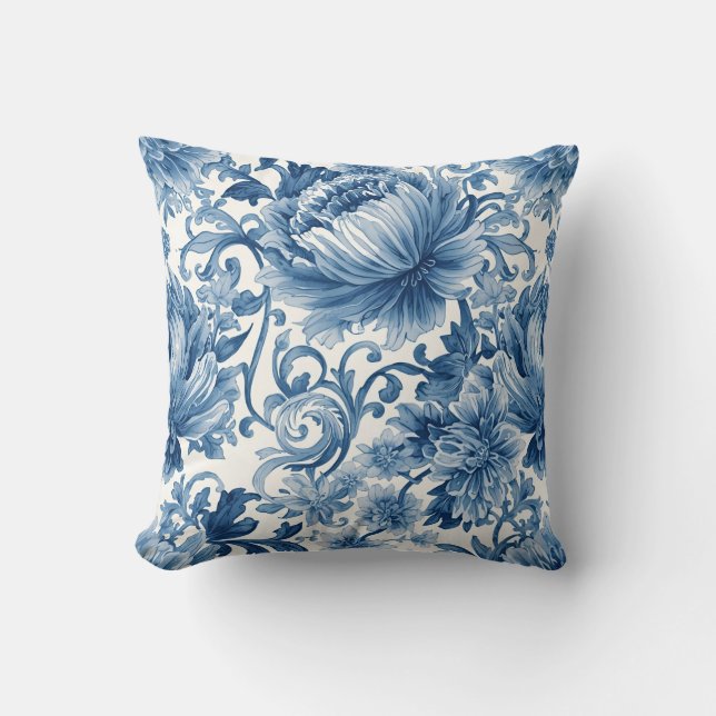 Blå Drömmar | Blommig Akvarell Chinoiserie Kudde (Framsida)