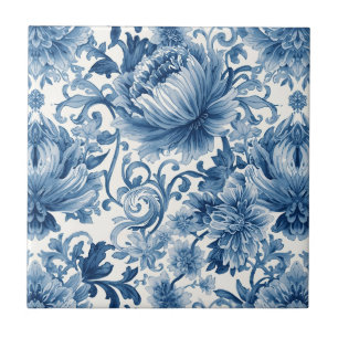 Blå Drömmar Blommig Akvarell Chinoiserie Vit Kakelplatta