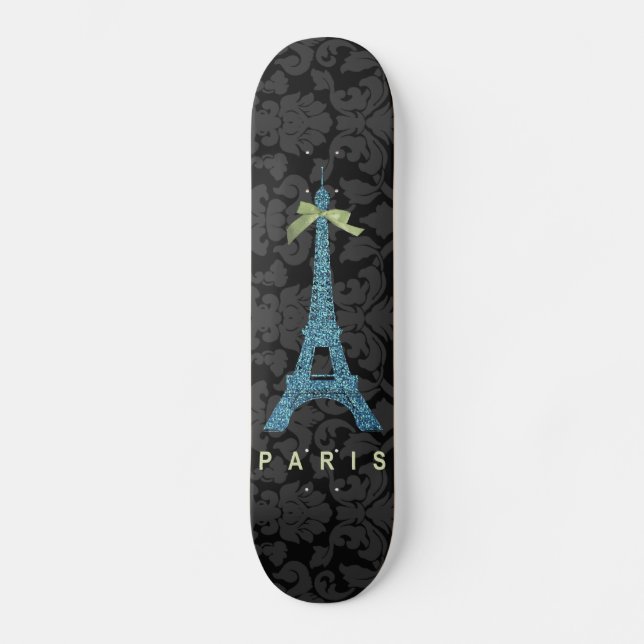 Blå Eiffel Torn i faux glitter Old School Skateboard Bräda 21,6 Cm (Framsida)