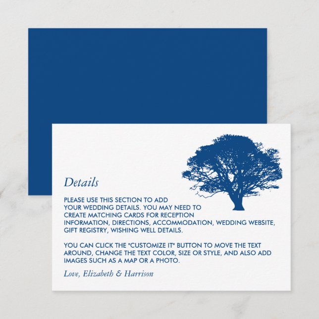 Blå ekar Träd, rosenisk/minimalistisk Bröllop-deta Tilläggskort (Fram/baksida)