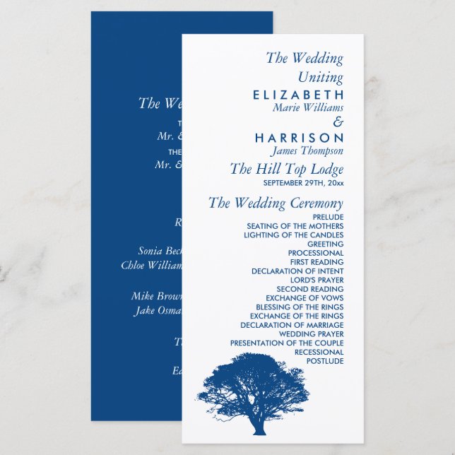 Blå ekar Träd, Rustik och minimalistiskt Bröllop Program (Fram/baksida)