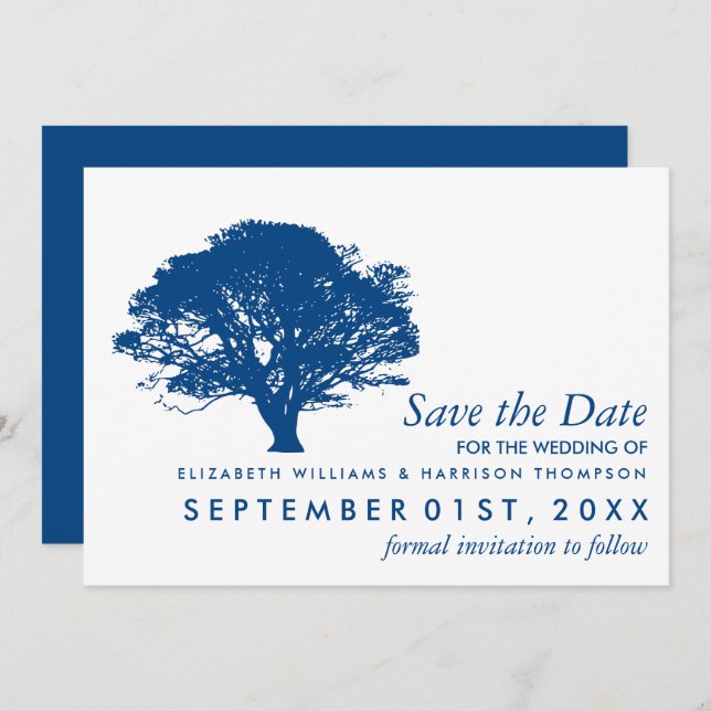Blå ekar Träd, Rustik och minimalistiskt Bröllop Spara Datumet (Fram/baksida)