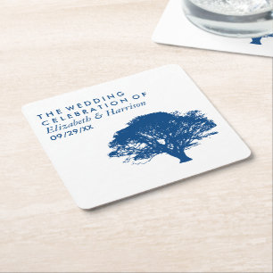 Blå ekar Träd, Rustik och minimalistiskt Bröllop Underlägg Papper Kvadrat