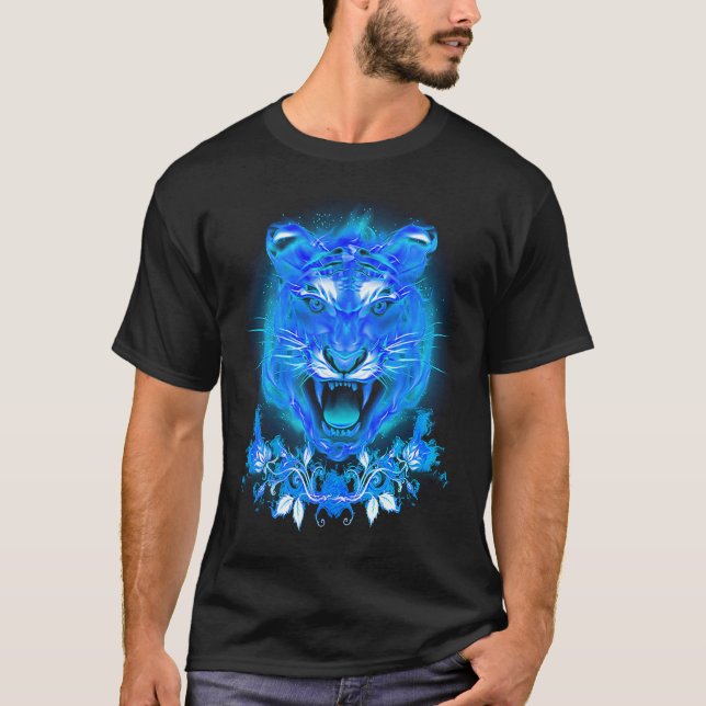 Blå eld flammande tigerkatt t shirt (Framsida)