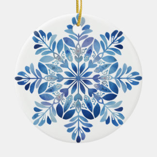 Blå eldflinga ornament | Vattenfärg blad juldekor.