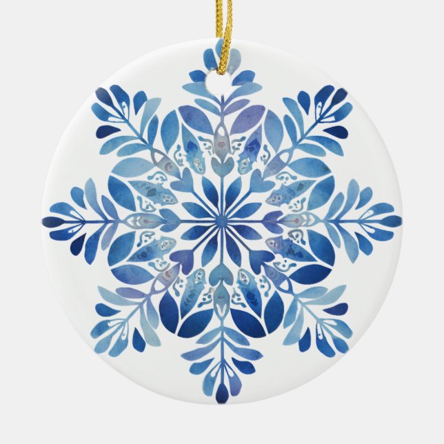 Blå eldflinga ornament | Vattenfärg blad juldekor. (Framsidan)