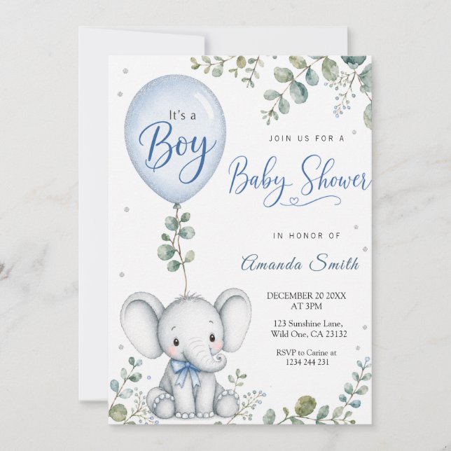 Blå Elefant Akvarell Eukalyptus Baby Shower Inbjudningar (Framsida)