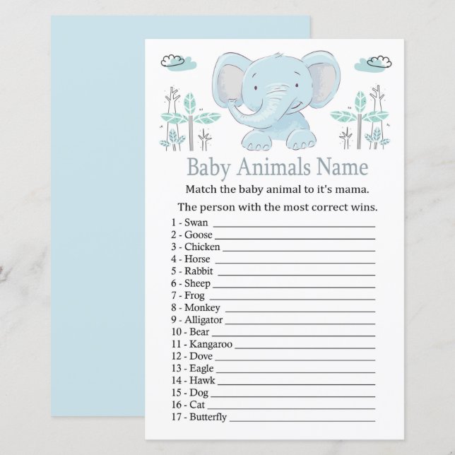 Blå elefant Baby Djur Namn Lek (Fram/baksida)