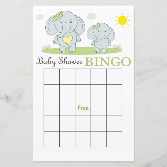 Blå elefant baby shower bingo kort (Framsida)