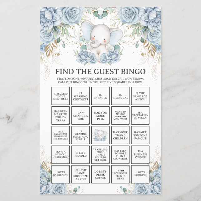 Blå Elefant Baby Shower Hitta Gästen Bingo (Framsida)