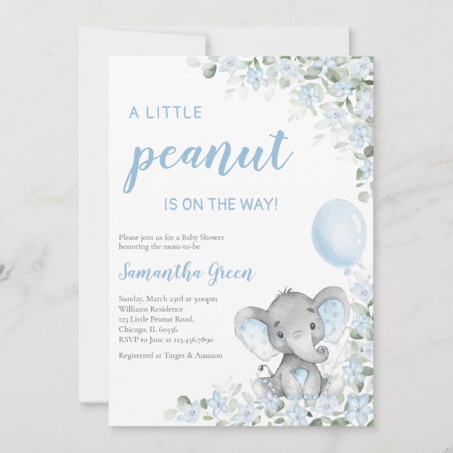 Blå Elefant Baby Shower Inbjudningar (Framsida)