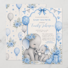 Blå Elefant Baby Shower Inbjudningar