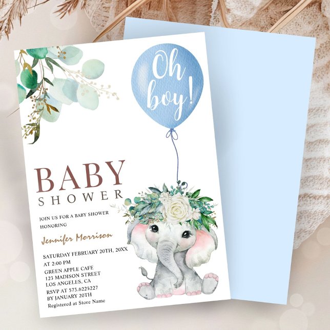 Blå Elefant Ballong Baby Shower Pojke Inbjudningar (Skapare uppladdad)