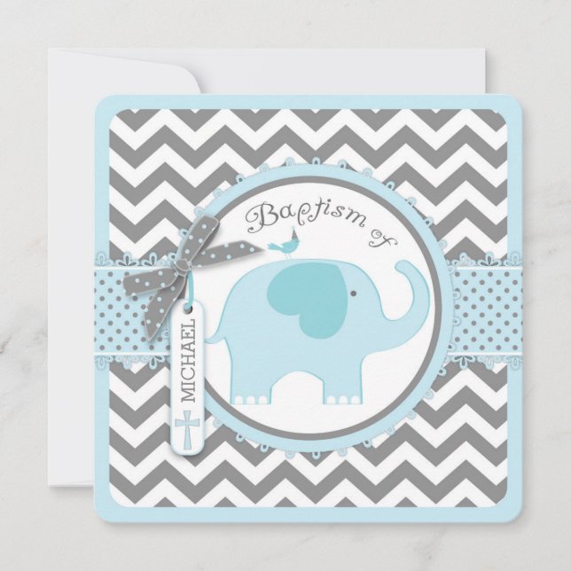 Blå elefant Bird and Chevron Print Baptism Inbjudningar (Framsida)